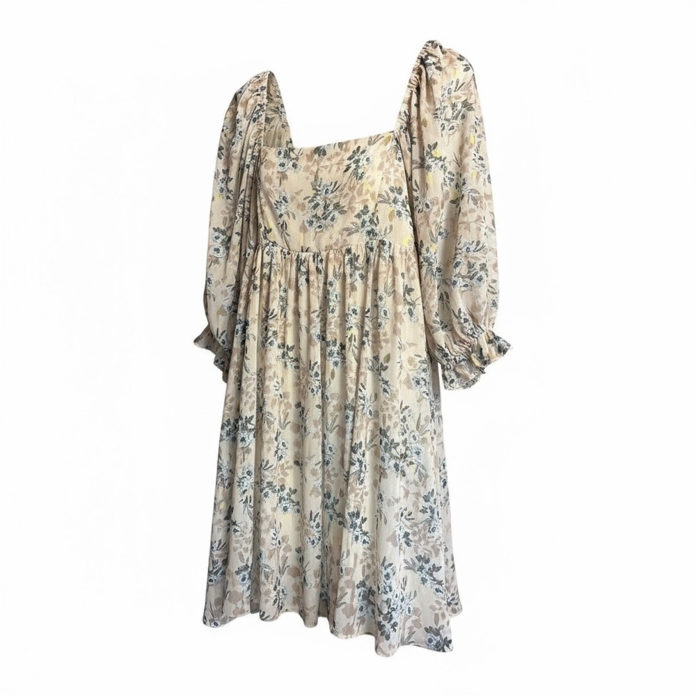 Puff Sleeve Floral Square-Neck Dress - Cream
